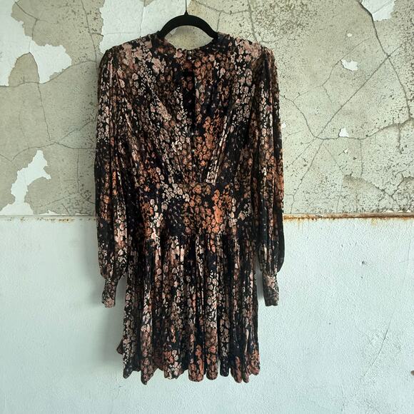 Free People Heartbeat Mini Dress Long Sleeve Black Floral Boho Romantic Party XS - Picture 6 of 10